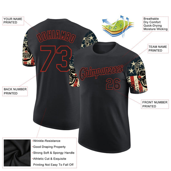 Custom Black Red 3D Skull With American Flag Performance T-Shirt alternate