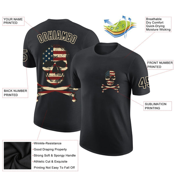 Custom Black City Cream 3D Skull With American Flag Performance T-Shirt alternate