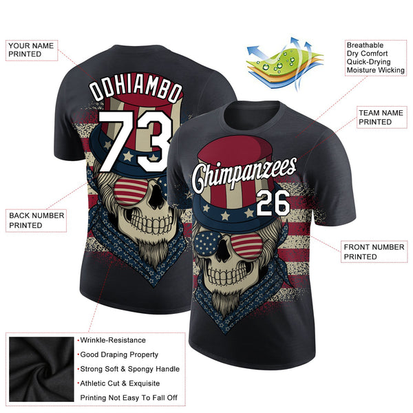 Custom Navy White-Black 3D Skull With American Flag Performance T-Shirt alternate