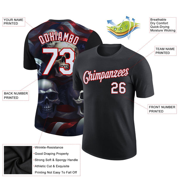 Custom Black White-Red 3D Skull And American Flag Performance T-Shirt alternate