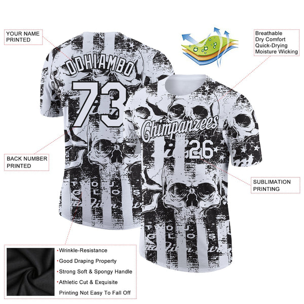 Custom White Black 3D Skull And American Flag Performance T-Shirt alternate