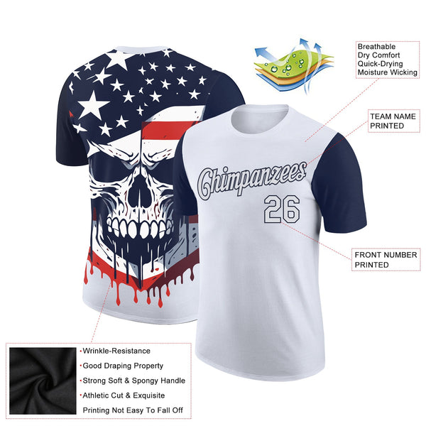 Custom White Navy 3D Skull With American Flag Performance T-Shirt alternate