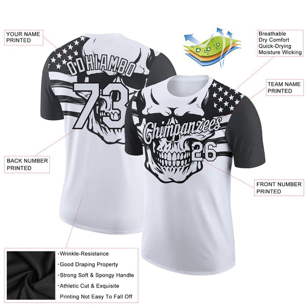 Custom White Black 3D Skull With American Flag Performance T-Shirt alternate