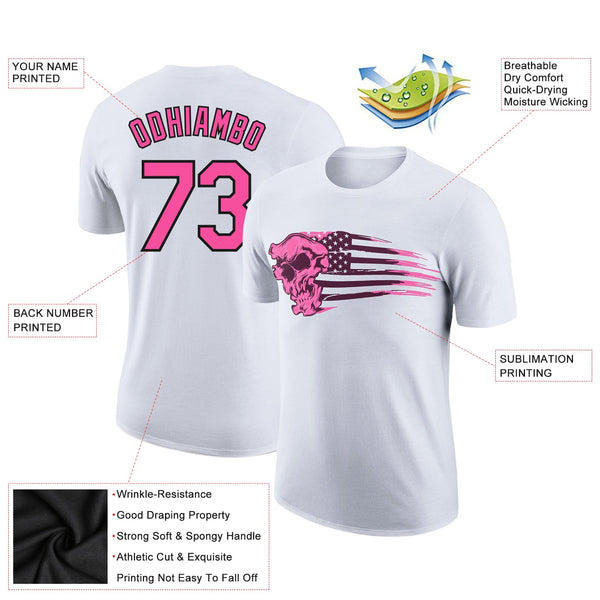 Custom White Pink-Black 3D Skull With American Flag Performance T-Shirt alternate