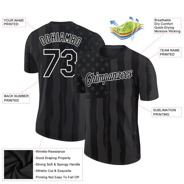 Custom Black White 3D Skull With American Flag Performance T-Shirt alternate