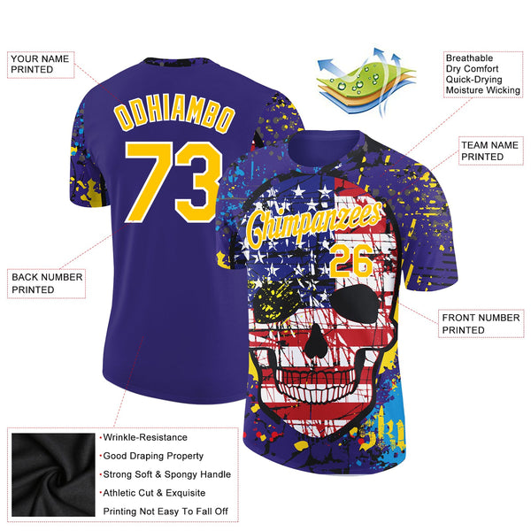 Custom Dark Purple Yellow-White 3D Skull With American Flag Performance T-Shirt alternate