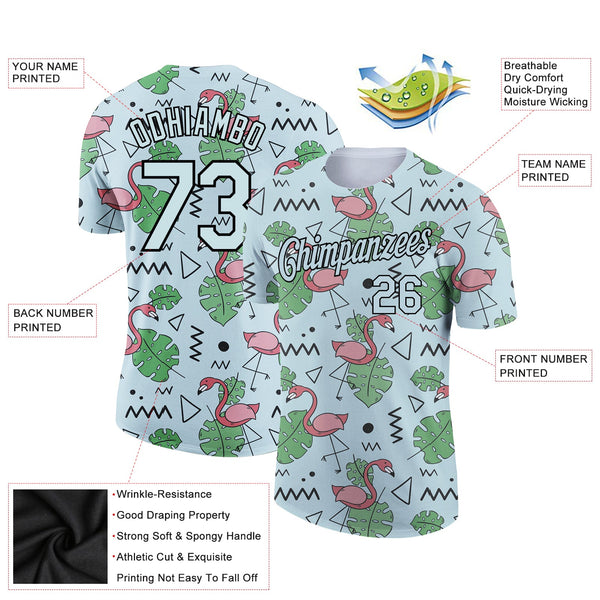 Custom Light Blue Black 3D Pattern Design Tropical Hawaii Flamingo Performance T-Shirt alternate