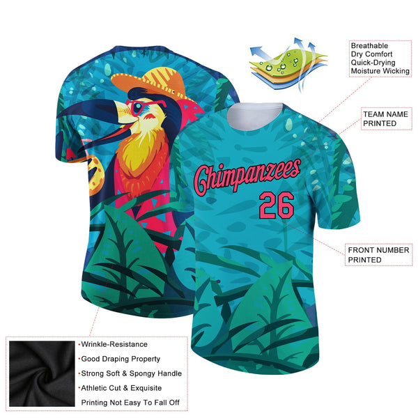 Custom Green Neon Pink-Black 3D Pattern Design Tropical Hawaii Pelican Performance T-Shirt alternate