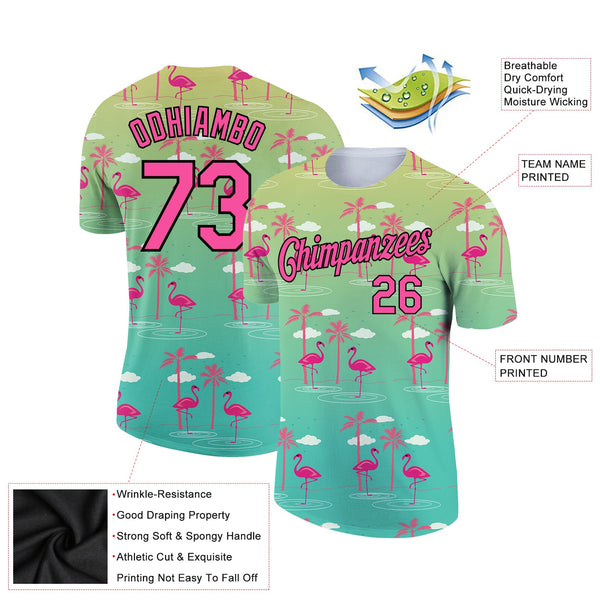 Custom Green Pink-Black 3D Pattern Design Tropical Hawaii Flamingo Performance T-Shirt alternate