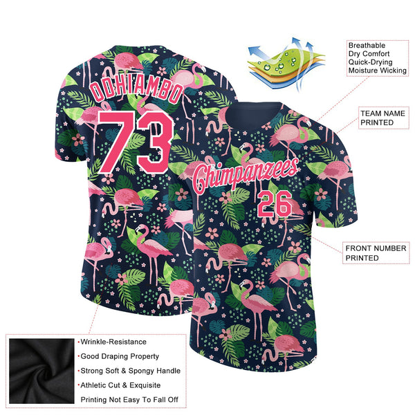 Custom Navy Neon Pink-White 3D Pattern Design Tropical Hawaii Flamingo Performance T-Shirt alternate