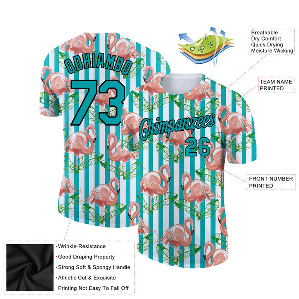 Custom White Teal-Black 3D Pattern Design Tropical Hawaii Flamingo Performance T-Shirt alternate