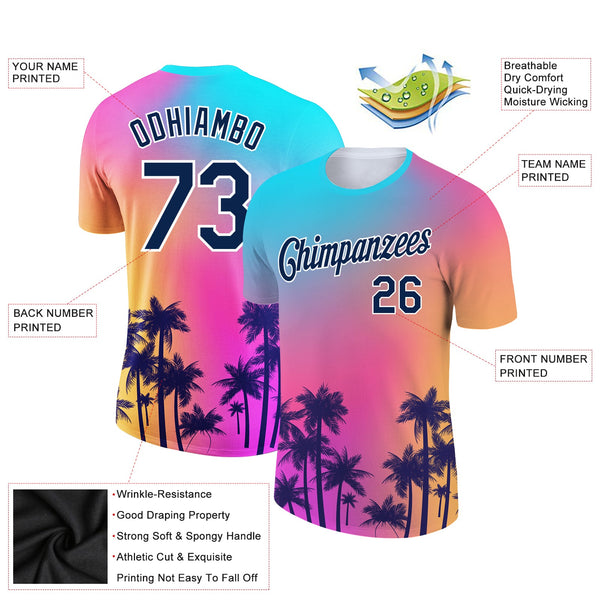 Custom Purple Navy-White 3D Pattern Design Hawaii Palm Trees Performance T-Shirt alternate
