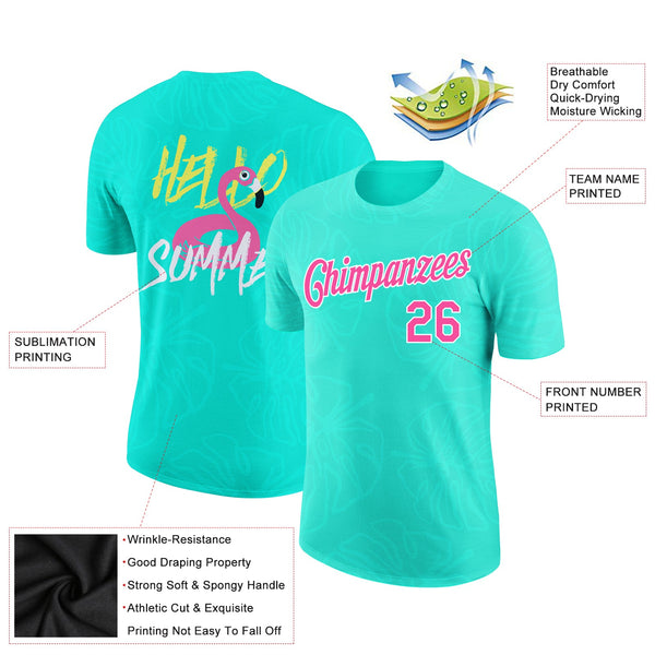 Custom Aqua Pink-White 3D Pattern Design Summer Holiday Hawaii Palm Leaves Performance T-Shirt alternate