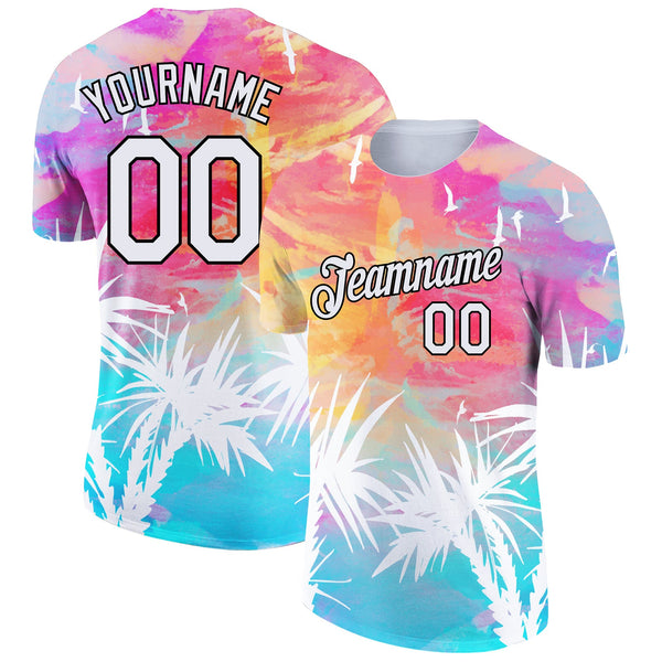 Custom White Black 3D Pattern Design Hawaii Palm Leaves Performance T-Shirt