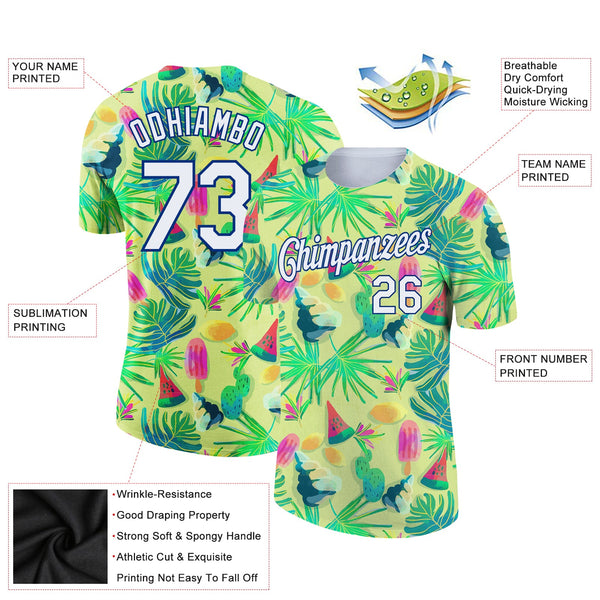 Custom Neon Yellow White-Royal 3D Pattern Design Hawaii Summer Holiday Performance T-Shirt alternate
