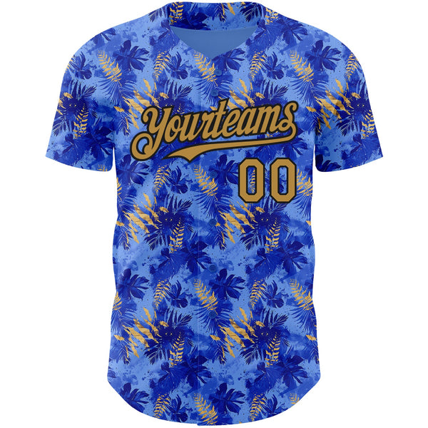 Custom Light Blue Old Gold-Black 3D Pattern Design Tropical Hawaii Palm Leaves Authentic Baseball Jersey alternate