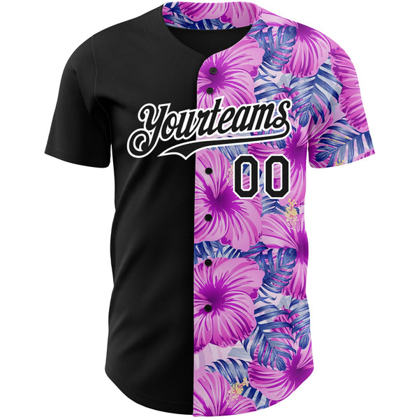 Custom Pink Black-White 3D Pattern Design Tropical Flower And Hawaii Palm Leaves Authentic Baseball Jersey alternate