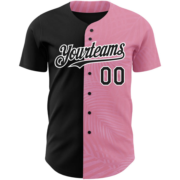 Custom Medium Pink Black-White 3D Pattern Design Tropical Hawaii Palm Leaves Authentic Baseball Jersey alternate