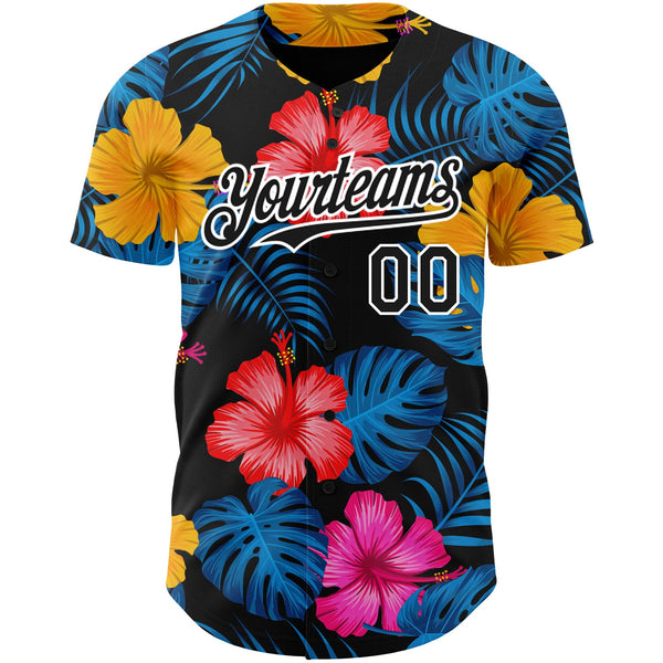Custom Black White 3D Pattern Design Tropical Flower And Hawaii Palm Leaves Authentic Baseball Jersey alternate