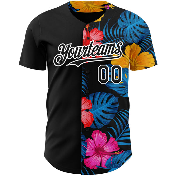 Custom Black White 3D Pattern Design Tropical Flower And Hawaii Palm Leaves Authentic Baseball Jersey alternate