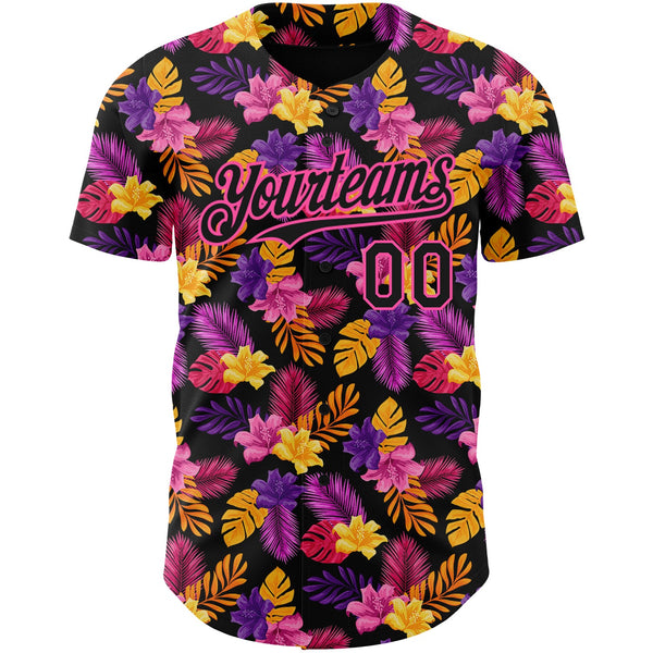 Custom Black Pink 3D Pattern Design Tropical Flower And Hawaii Palm Leaves Authentic Baseball Jersey alternate