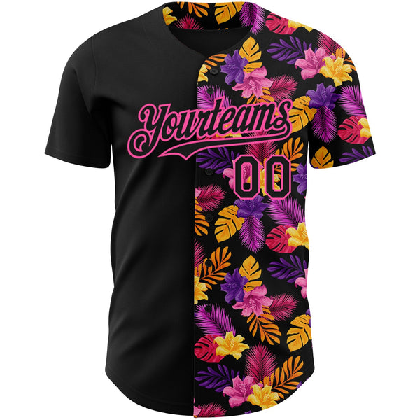 Custom Black Pink 3D Pattern Design Tropical Flower And Hawaii Palm Leaves Authentic Baseball Jersey alternate