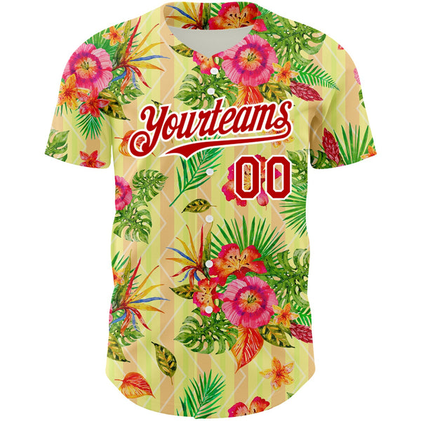 Custom Neon Yellow Red-White 3D Pattern Design Tropical Flower And Hawaii Palm Leaves Authentic Baseball Jersey alternate