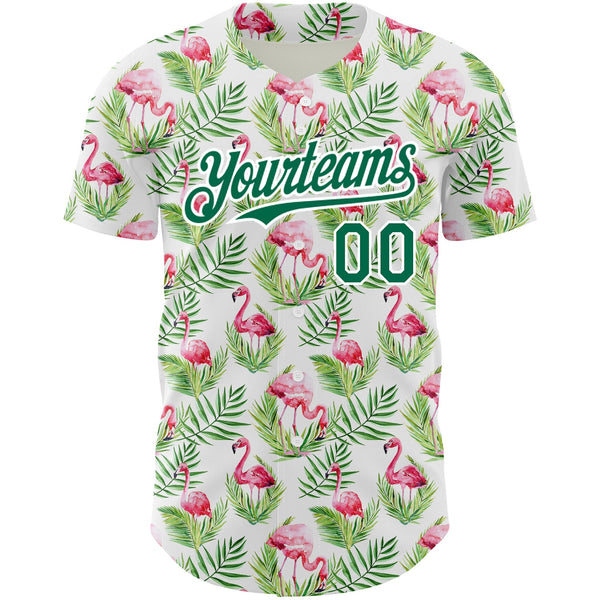 Custom White Kelly Green 3D Pattern Design Tropical Hawaii Palm Leaves And Flamingo Authentic Baseball Jersey alternate