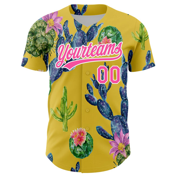 Custom Yellow Pink-White 3D Pattern Design Cactus Festival Authentic Baseball Jersey alternate