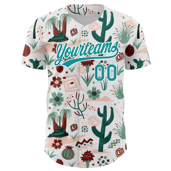 Custom White Teal 3D Pattern Design Cactus Festival Authentic Baseball Jersey alternate