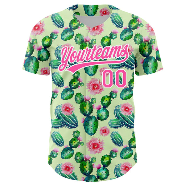 Custom Green Pink-White 3D Pattern Design Cactus Festival Authentic Baseball Jersey alternate