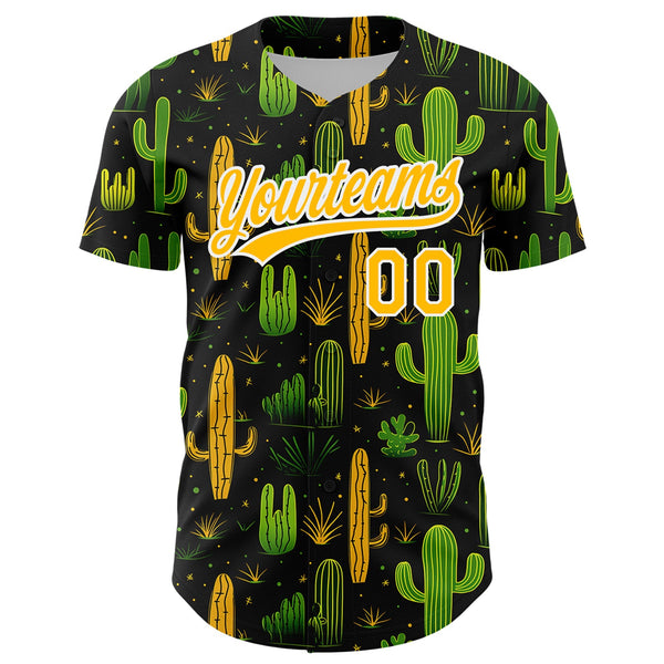 Custom Black Gold-White 3D Pattern Design Cactus Festival Authentic Baseball Jersey alternate