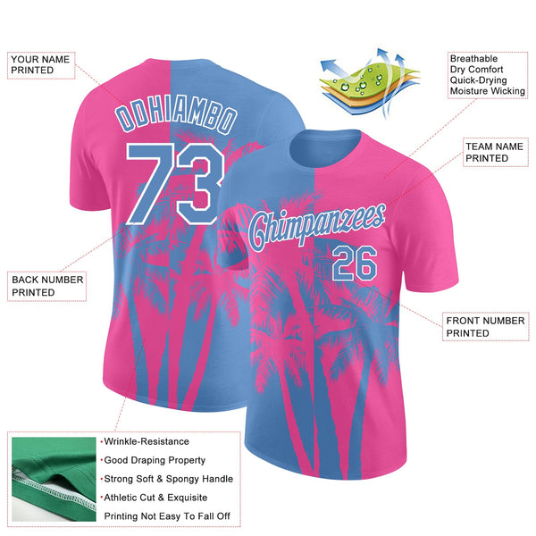 Custom Pink Light Blue-White 3D Pattern Design Hawaii Coconut Trees Performance T-Shirt alternate