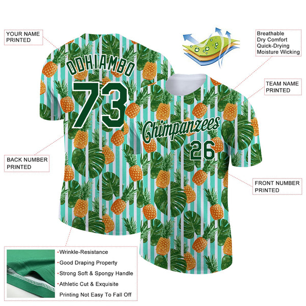 Custom White Green 3D Pattern Design Hawaii Tropical Palm Leaves And Pineapple Performance T-Shirt alternate