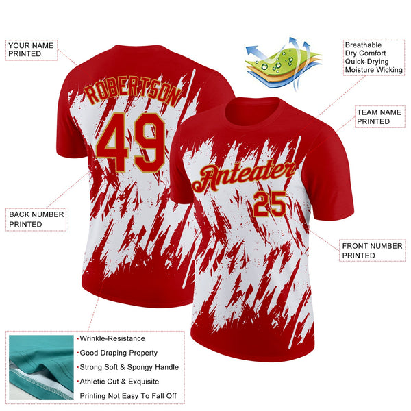Custom Red Old Gold-White 3D Pattern Design Abstract Sharp Shape Performance T-Shirt alternate