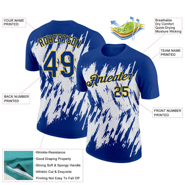 Custom Royal White-Yellow 3D Pattern Design Abstract Sharp Shape Performance T-Shirt alternate
