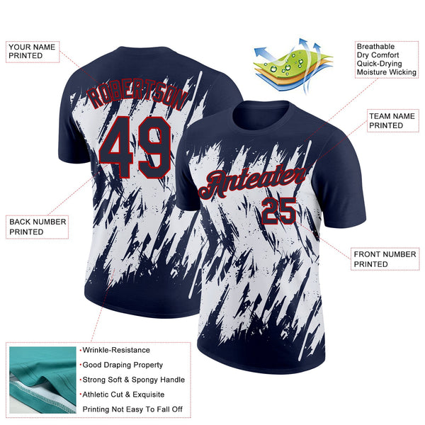 Custom Navy White-Red 3D Pattern Design Abstract Sharp Shape Performance T-Shirt alternate