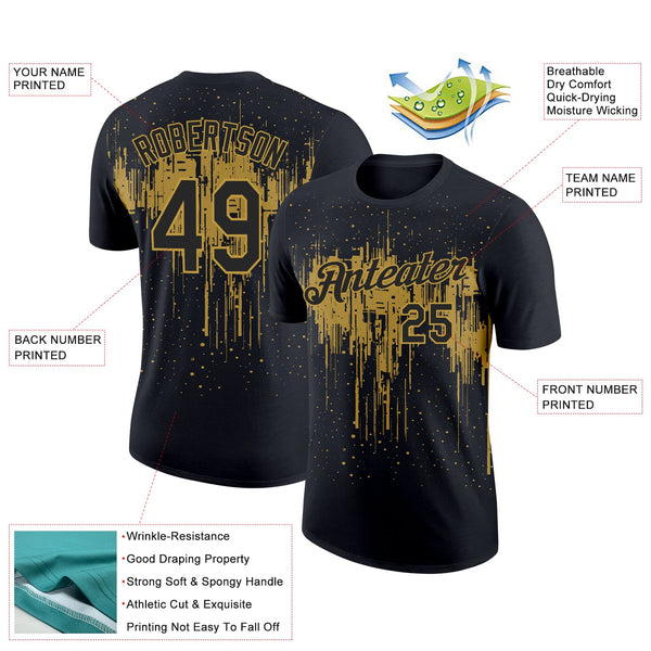 Custom Black Old Gold 3D Pattern Design Dripping Splatter Art Performance T-Shirt alternate
