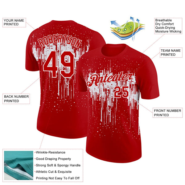 Custom Red White 3D Pattern Design Dripping Splatter Art Performance T-Shirt alternate
