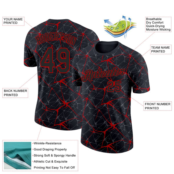 Custom Black Red 3D Pattern Design Abstract Network Performance T-Shirt alternate