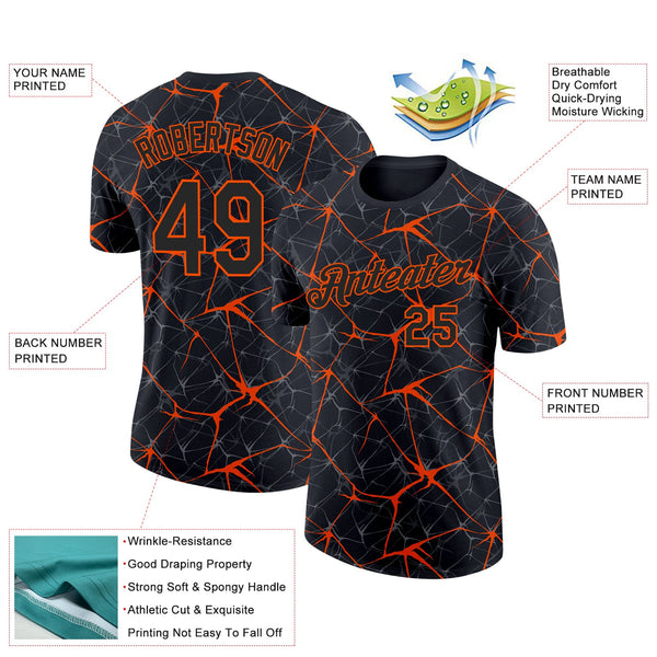 Custom Black Orange 3D Pattern Design Abstract Network Performance T-Shirt alternate