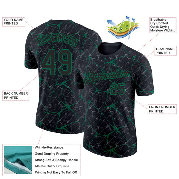Custom Black Kelly Green 3D Pattern Design Abstract Network Performance T-Shirt alternate