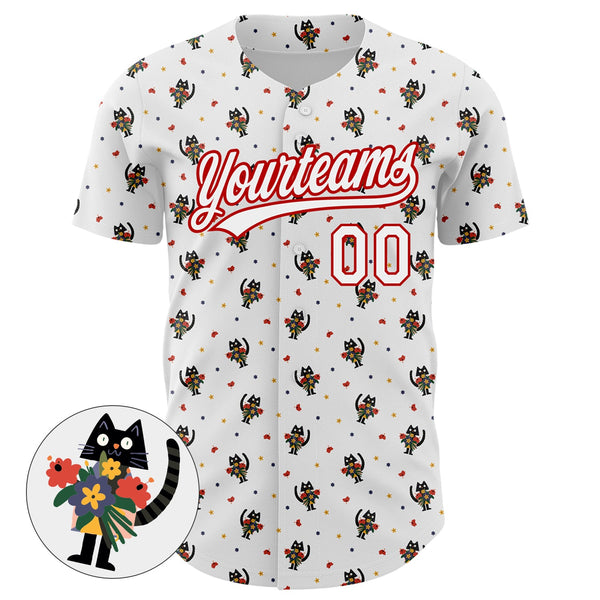 Custom White Red 3D Pattern Design Animal Cat Authentic Baseball Jersey alternate