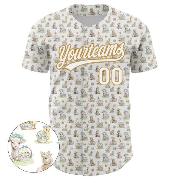 Custom White Old Gold 3D Pattern Design Animal Rabbit Sheep Chicken And Duck Authentic Baseball Jersey alternate
