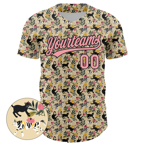 Custom Cream Medium Pink-Black 3D Pattern Design Animal Cat Authentic Baseball Jersey alternate