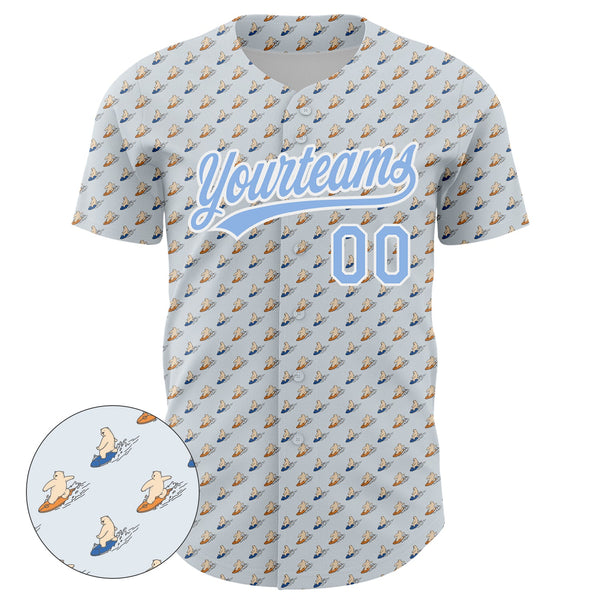 Custom Gray Light Blue-White 3D Pattern Design Animal Bear Surfing Authentic Baseball Jersey alternate