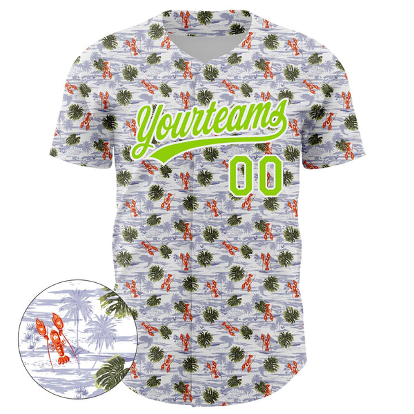 Custom White Neon Green 3D Pattern Design Animal Lobster And Hawaii Palm Trees Authentic Baseball Jersey alternate