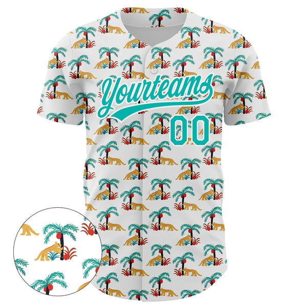 Custom White Aqua 3D Pattern Design Animal Leopard And Hawaii Palm Trees Authentic Baseball Jersey alternate