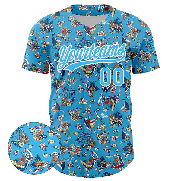 Custom Sky Blue White 3D Pattern Design Animal Bear And Hawaii Palm Trees Authentic Baseball Jersey alternate