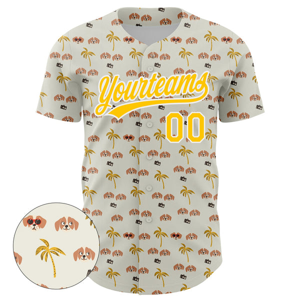 Custom White Yellow 3D Pattern Design Animal Dog And Hawaii Palm Trees Authentic Baseball Jersey alternate